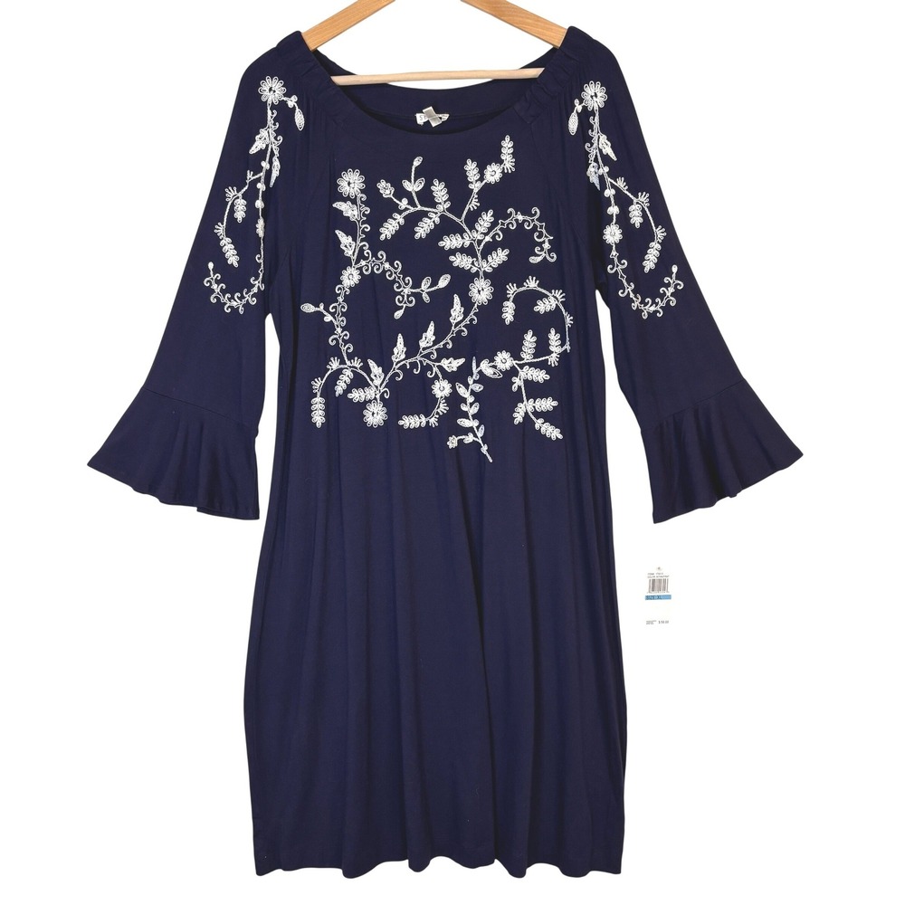NWT Spense Shift Dress Women XL Navy Embroidered Bell Sleeve Floral Stretch Boho